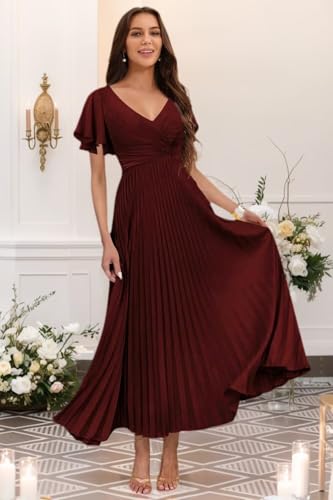 Women's V Neck Pleated Satin Bridesmaid Dresses with Sleeves Long Maxi Formal Evening Dress VS2594