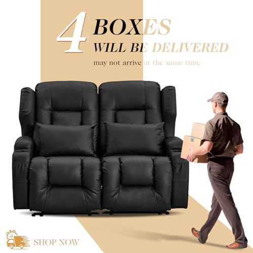 Image of Loveseat Recliner Sofa,RV Wall Hugger Recliners for Small Spaces,Reclining Loveseat Sofa Recliner with Cup Holders /Lumbar Pillows,RV Furniture (Black, 56 inch 2-Seater)