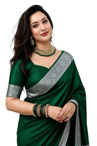 Image of Women's Glory Banarasi Satin Kanjivaram Saree Silver Zari Border Pure Soft Blend Silk Sari Kanchipuram Paithani Silk Party Wedding Festive New Ladies Sadi with Unstiched Blouse Piece.