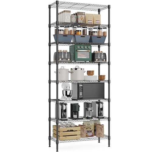 M MZG 8 Tier 2000 lbs Storage Rack Metal Wire Shelving Unit, Storage Standing Shelf Organizer for Laundry Bathroom Kitchen Pantry Closet Garage Basement Utility Room, Black 13.8" D x 23.6" W x 79.5" H