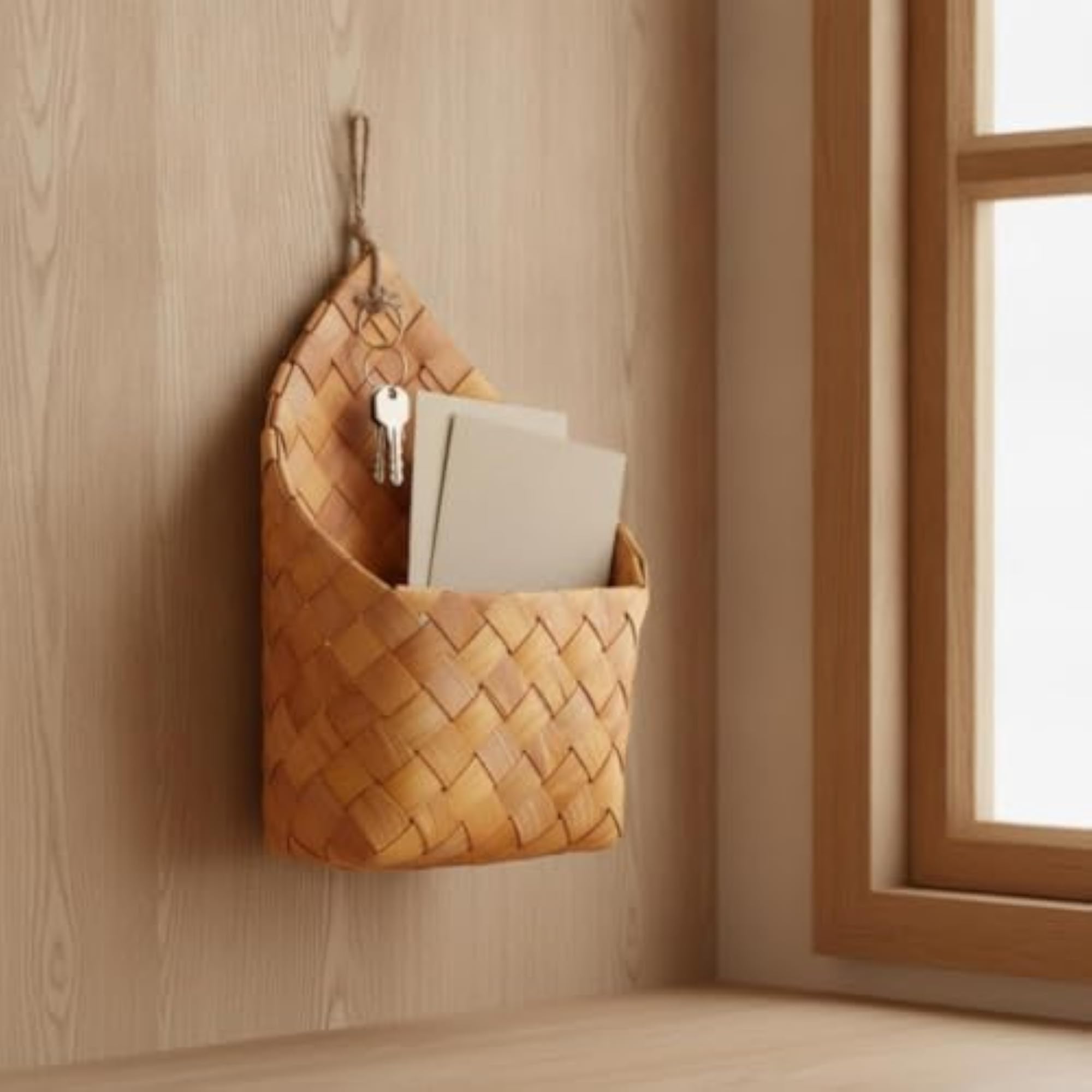 Rustic Wooden Wall-Hanging Storage Basket with Cord Loop