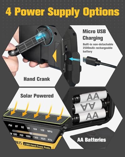 Image of 【Built-in 3000mAh Battery】 J-369 Multifunctional Hand-Crank Emergency Radio AA Battery Operated, Solar-Powered AM /FM Radio, Flashlight & Reading Light, Built-in Speaker, SOS Alarm, with Lanyard