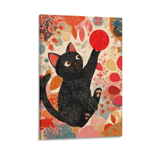 Décoration murale chat joueur avec balle rouge - Affiche moderne chambre et salle de bain - 5