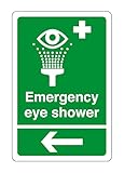 Notfall Augendusche Pfeil links – Sicherheitsschild, Arbeitsplatzsicherheit, selbstklebende Aufkleber (150 mm x 100 mm), Sichtabstand innerhalb von 3 m.