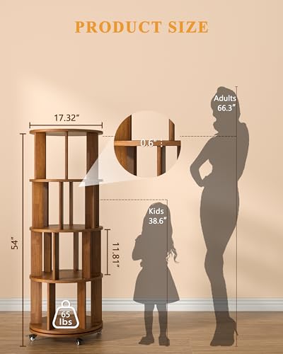 Image of IUNVR 4 Tier Rotating Bookshelf Tower Spinning Bookshelf with Swivel Wheels Book Shelf Rotating Storage Tower for Kids Adult Narrow Solid Wood Revolving Bookcase Organizer for Bedroom Living Room