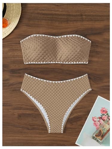 SHENHE Women's High Waisted Bandeau Bikini Set 2 Piece Strapless Textured Swimsuits Brown Large - Image 5