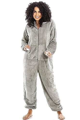 Camille Super Soft Zip Up Hooded Onesies for Women - Grey Thick Luxury Fleece Full Length Women's All In One - Long Sleeved with Elasticated Cuffs & Sherpa Lined Hood 14-16