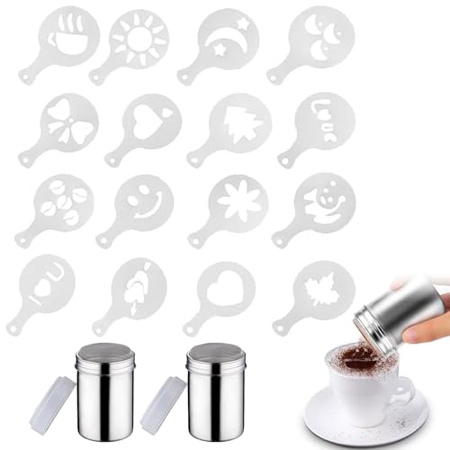 Espolvoreador Cacao con Malla Tapa,Agitadores de Polvo con Tapa,Tamizador de Harina,Agitador de Polvo de Acero Inoxidable,2 Pulverizadores de Acero Inoxidable con 16 Plantillas Tokaneit