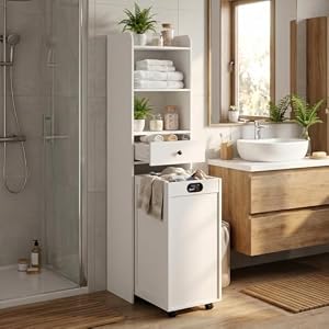 Laundry Hamper Cabinet, Laundry Cabinets and Storage with Multi Shelves, Hidden Movable Laundry Hamper Cabinet for Bathroom or Laundry Room Organization, White