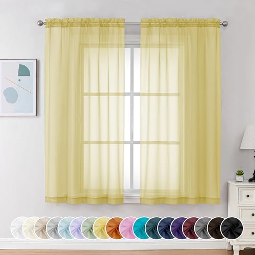 Image of Chyhomenyc Mustard Yellow Sheer Curtains 63 Inches Long, Light Filtering Window Sheer Curtain Panel Drapes, Elegant Rod Pocket Soft Voile for Bedroom Living Room, Each 42Wx63L Inches, 2 Panels