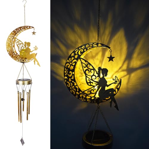 YAKii Fairy Moon Solar Wind Chimes for Outside Lights Gifts for Mom Wife Unique Crackle Glass LED Warm Light Outdoor Hanging Decor Windchimes for Garden Yard Patio Christmas Birthday Mothers Day