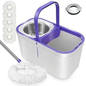 MASTERTOP Spin Mop and Bucket with Wringer Set,Wet and Dry Use for Floor Cleaning, Adjustable Handle, 5 Reusable Washable Microfiber Pads,1 Floor Brush Head