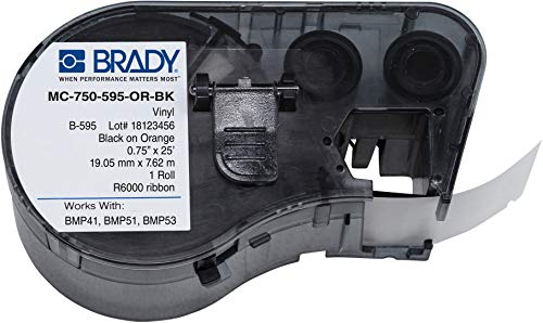 Brady MC-750-595-OR-BK Vinyl B-595 Black on Orange Label Maker Cartridge, 25' Width x 3/4