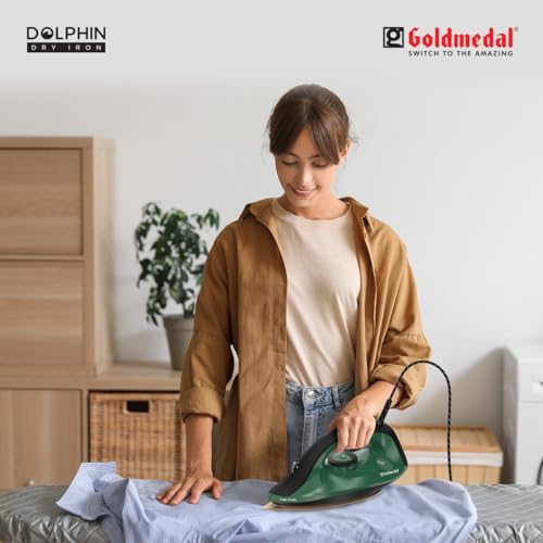 Image of Goldmedal Dolphin 1100W Dry Iron| Non-stick Weilburger Premium Coated Soleplate | iron for clothes | 5 Fabric Setting| Broad Base for Hot zone Protection | Shock-Proof Body (Green- Black)