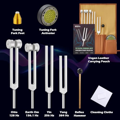 Hugbow Tuning Forks for Healing, Aluminum Alloy Tuning Fork 128Hz, 136.1Hz, 256Hz, 384Hz, Hockey Puck Activator & feet, Weighted & Unweighted Tuning Fork Set with Vegan Leather Pouch - Image 3