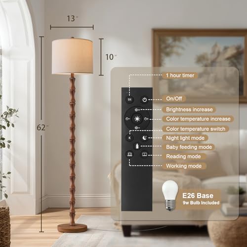 Image of BOBOMOMO 62 inch Rustic Farmhouse Floor Lamp with Remote & Dimmable 9W Bulb, 3 Color Temperatures Tall Resin Standing Lamp, Retro Floor Lamp for Living Room, Bedroom, Office, Nursery, Reading Nock