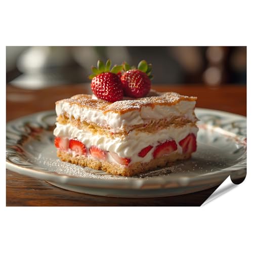 islandburner Prime XXL - Póster de pastel de fresas con nata y azúcar en polvo en plato