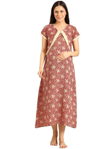 Image of Rupa Jon Aishwarya Women Full Length Maternity Night Dress in Cotton Blend Fabric, Maxi Nighty, Pregnancy Night Dress for Nursing, Pre and Post Pregnancy