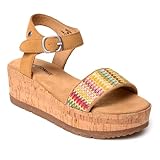 Minnetonka Sandalias de cuña con correa al tobillo Patrice para mujer, Tan Multi, 39 EU