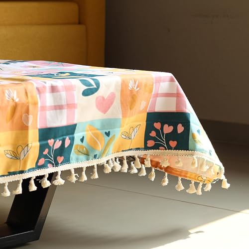 Image of LORETO - A QUALITY LINEN BRAND 100% Pure Cotton Table Cover with Boho Tassels (48 x 48 Inch) - Square Tablecloth for Square Dining Table, Pastel Garden on White Grid