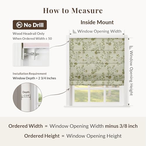 Image of TWOPAGES No Drill Cordless Vintage Floral Print Roman Shades Linen Textured Roman Blinds for Windows, Custom Made Room Darkening Light Filtering Roman Window Shades, Porcelain, 1 Piece