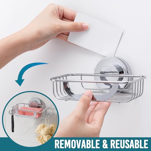 Image of TAILI Soap Holder, Soap Dish Suction Cup with Hooks, Stainless Steel,Silver