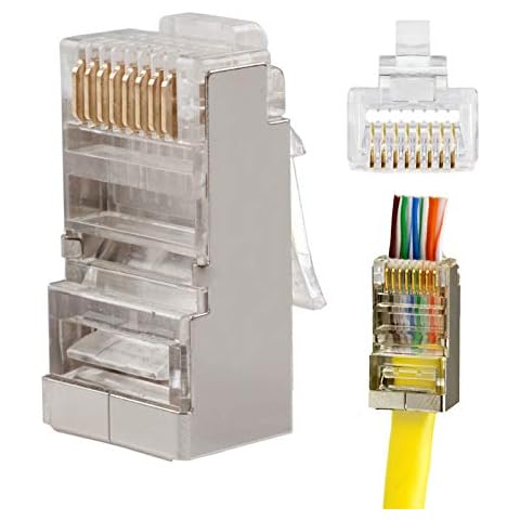 20 Pack RJ45 Connector Cat6 Cat5e Cat5 Pass Through Shielded Ends 8P8C Ethernet Cable Crimp Connector 3u Modular Plug Cover