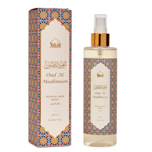 Oud Room & Linen Spray by Dukhni | 250ml Madhmoon Air Freshener, Room Mist, for Bed Linen, Fabrics, Sofa and Prayer Mats | Islamic gifts, Free from Alcohol, Odour eliminator for strong odour