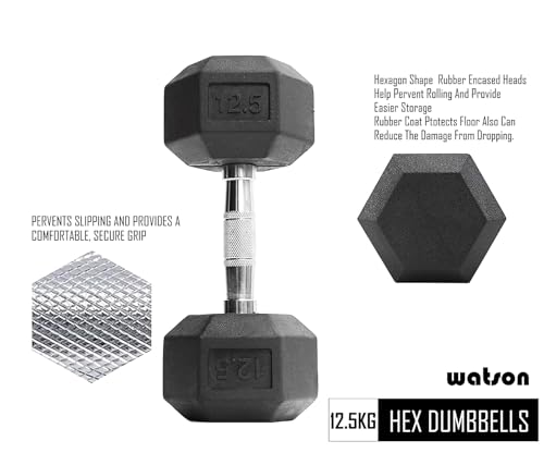 Image of Watson Solid Steel Rubber Coated Hex Dumbbell Set, 22.5 Kg Single Piece Home Gym Dumbbell Weight Set For Men & Women, Home Gym Equipment (Pack of 1)