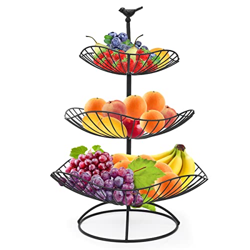 Corbeille à fruits Présentoir à fruits à 3 étages- en métal pour plus de place sur le plan de travail - Garde les fruits et légumes frais - Présentoir à fruits avec 3 bols de rangement