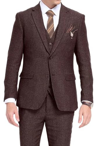 3 Piece Herringbone Tweed Suit Men's Wool Tuxedos Retro Set Prom Winter Jacket Blazer Vest Pants