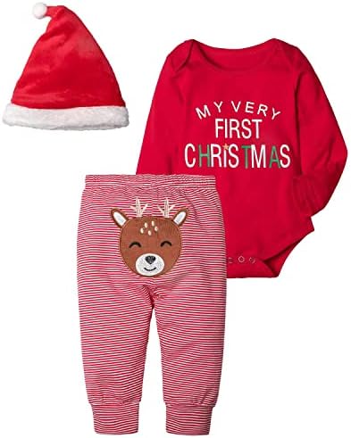 AGAPENG Baby Girl Christmas Outfit Baby Boy My First Christmas Rompers Bodysuit Onesie + Stripe Deer Print Pants 0-3Months