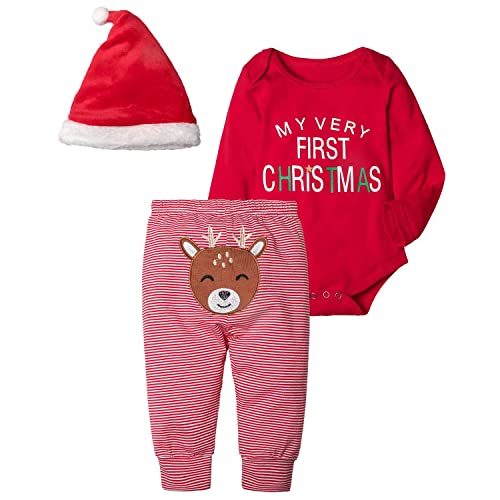 Image of AGAPENG Christmas Outfits Baby Girls Boys My First Christmas Rompers Onesie + Stripe Deer Print Pants + Christmas Hat