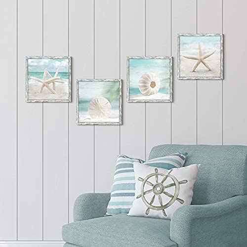 Beach Framed Wooden Wall Art: Ocean Artwork Set Of 4 Starfish Seashell & Sand Dollar Pictures Prints Seascape Wall Decor For Bedroom #TOP4