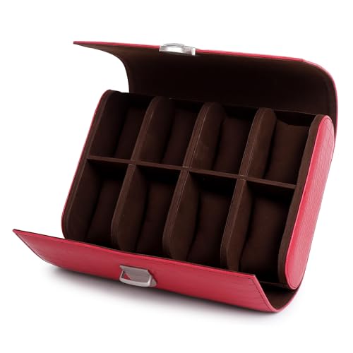 Image of essart Premium 8 Slot Watch Roll Case with Safe Lock | PU Leather Travel Watch Organizer | Luxury Watch Storage Box for Men & Women with Croco-Maroon Colour