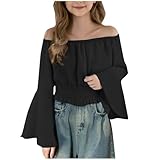 T-Shirt Mädchen Sommer Schulterfrei Tee Top Atmungsaktive Oberteil Elegante Shirts Casual Ausgestellte Ärmel Freizeit Kleidung Loose Klamotten Einfarbig Tops (Schwarz, 11-12 Years)