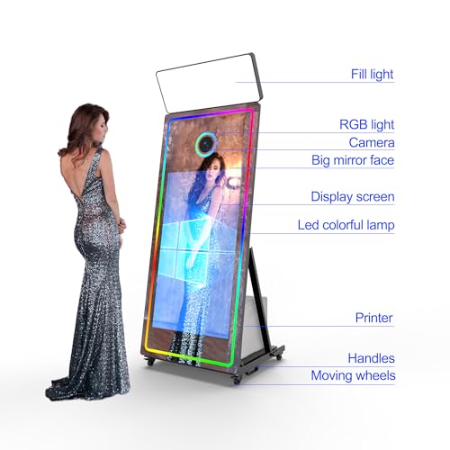Image of Magic Mirror Photo Booth, 65'' Mirror Photo Booth, 43'' Interactive Touch Screen with RGB Ring Light, Built-in Mini PC with Instant Print and Sharing(with Camera and Mini Printer)-Black