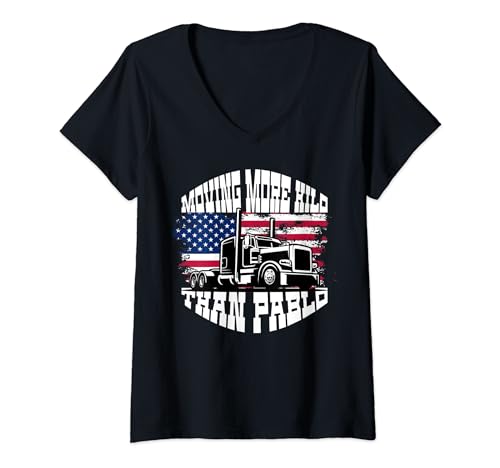 Trucker American Flag Big Rig Semi-Trailer Truck Driver Gift V-Neck T-Shirt