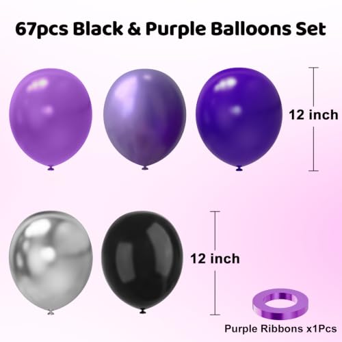 Image of Purple and Black Balloons, 67pcs 12 Inch Purple Black Silver Latex Balloons for Birthday Graduation Bridal Shower Halloween Party Decorations