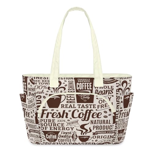 Sac fourre-tout à motif café pour femme grand format zippé