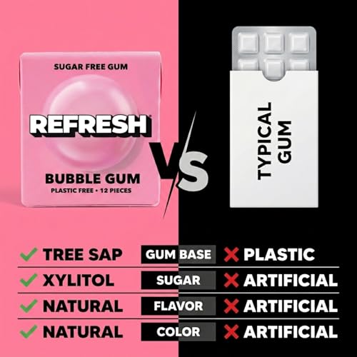 Image of Refresh Plant Based Gum, Sugar Free, Xylitol, 12 Pcs, 6 Pack (Bubble Gum)