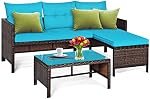 DORTALA Wicker Patio Furniture Set Couch 3 Piece, L-Shaped PE Rattan Outdoor Sectional Sofa Conversation Set with Loveseat, Lounge and Tempered Glass Coffee Table for Garden Lawn Deck, Turquoise