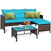 Tangkula Patio Corner Sofa Set 3 Piece, Outdoor Rattan Sofa Set, Includes Lounge Chaise, Loveseat & Coffee Table, Patio Garden Poolside Lawn Backyard Furniture