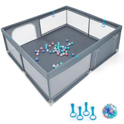 DREAMADE Laufstall Baby, 200 X 180cm Laufgitter mit 50 Bällen & 4 Griffen & Tragetasche, Faltbares Krabbelgitter mit Atmungsaktivem Netz, für Baby & Kleinkinder 0-36 Monate (Dunkelgrau)
