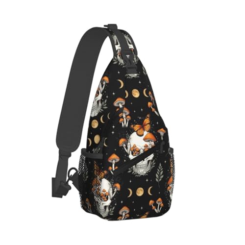 Men's Lightweight Crossbody Backpack, Large Capacity Chest Gym Bag for Outdoor Activities, Skull Moon Phase Mushroom Orange Moth Daypack Bags2