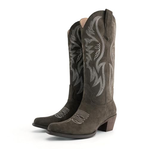 Image of KaroNairy Women Cowboy Boots Faux Suede Embroidered Pointed Thick Heeled Western Wide Calf Cowgirl Ponited Toe Mid Calf Boots