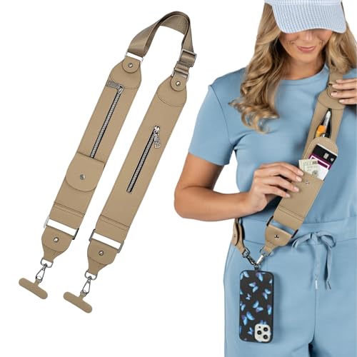 Caitie G Clip and Go Crossbody Phone Strap Stashie Purse with 3 Pockets for Cards Cash and Essentials for Travel Hiking Concerts Sporting Events Faux Leather Sand