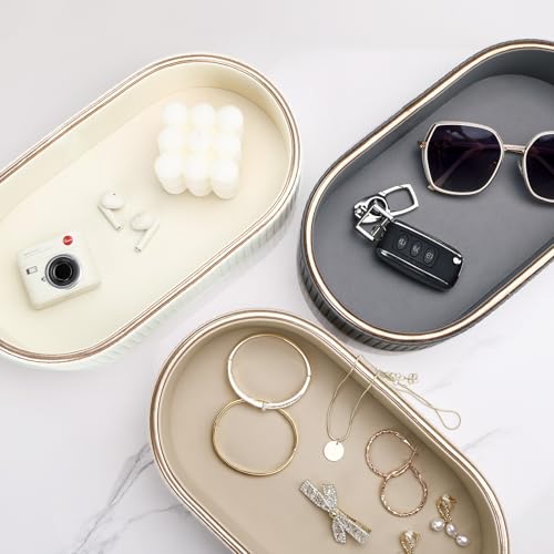 GORESE PU Leather Perfume Tray Nightstand Organizer, Small Oval Desk Tray Jewelry Trinket Trays Valet Organizer Key Bowl for Entryway Dresser Bathroom, Catchall Trays for Men Women, 11×5.9 in, Beige by GORESE - Image 8