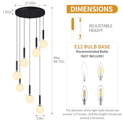 Image of 7-Lights Black Chandelier with Milk White Glass Hanging Fixture Light