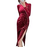 Women's Cheongsam Costume Long Sleeve Vintage Floral High Side Slit Slim Fit Mandarin Collar Chinese Cocktail Qipao Dress Outfit (M, 63-Wine Red)